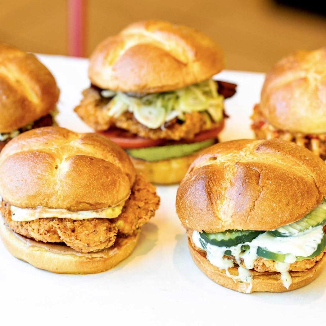 Image of our fried chicken sandwiches on our catering menu. If you're looking for the best catering near me in Beverly, MA, contact Flip the Bird Fried Chicken.